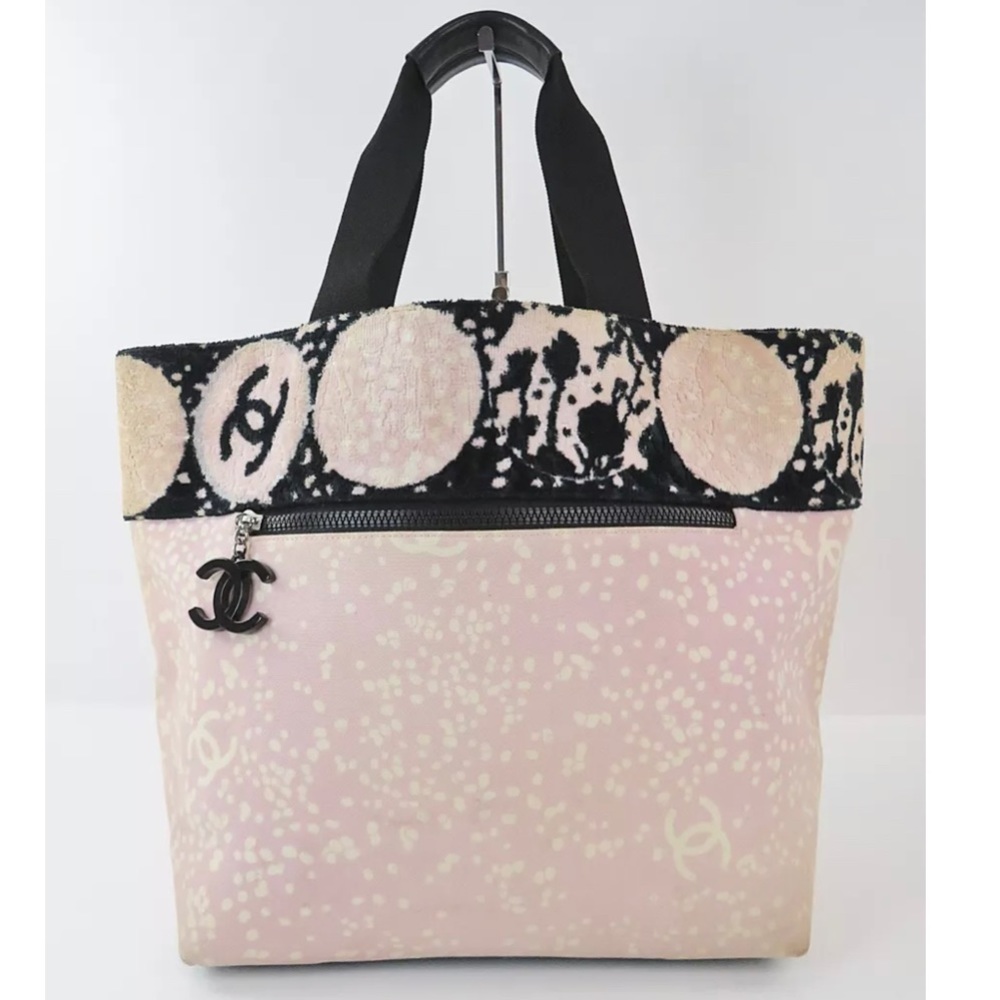 Auth CHANEL Pink Canvas CC Logo Tote Bag Purse